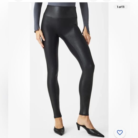 SPANX Black Faux Leather Shiny Coated Shaping Slim Leggings womens small New - Picture 1 of 11